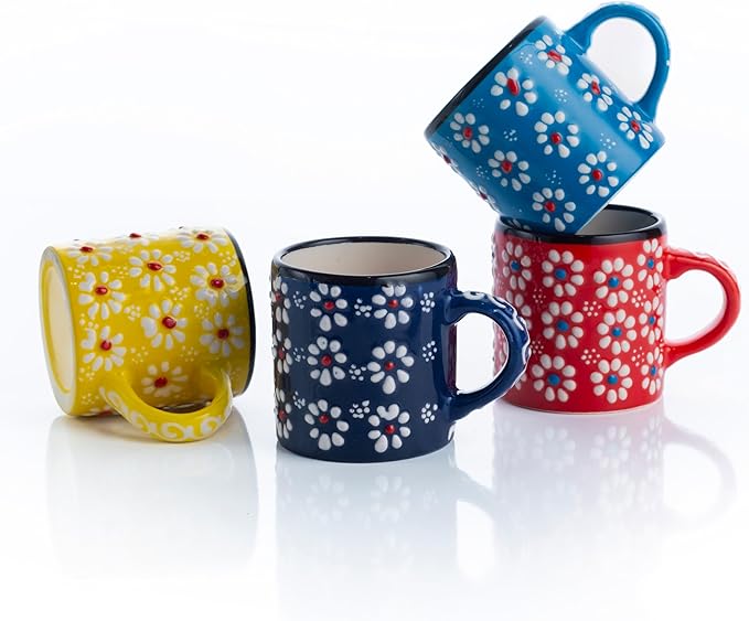 Ceramic Espresso Cups, 5 Oz Espresso Cups Set of 4, Handmade Espresso Cup, 2.75 Inch Espresso Mugs, Multicolor Demitasse Cups, Microwave & Dishwasher Safe Espresso Mugs, Coffe Mug Set (DAISY MEDLEY)