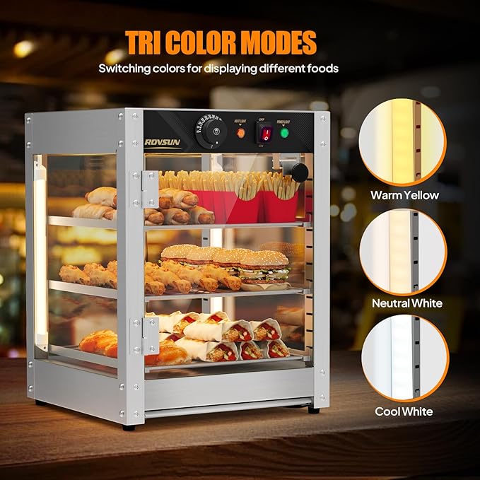 ROVSUN 3-Tier Commercial Food Warmer, 15" Pizza Warmer Food Warmer Display with LED Adjustable Lighting Glass Door Removable Shelves, Countertop Electric Food Warmer for Buffet Restaurant 110V 800W