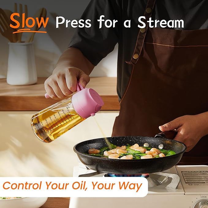 TrendPlain 16oz/470ml Glass Olive Oil Sprayer for Cooking - 2 in 1 Olive Oil Dispenser for Kitchen Gadgets, Air Fryer, Salad, and BBQ - Bubblegum