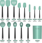 Coukre Silicone Kitchen Cooking Utensils Set with Holder – Heat-Resistant, Food-Grade Kitchen Tools, Spatula, Spoon & Gadgets for Non-Stick Pans, Dishwasher Safe (14, AquaGreen)