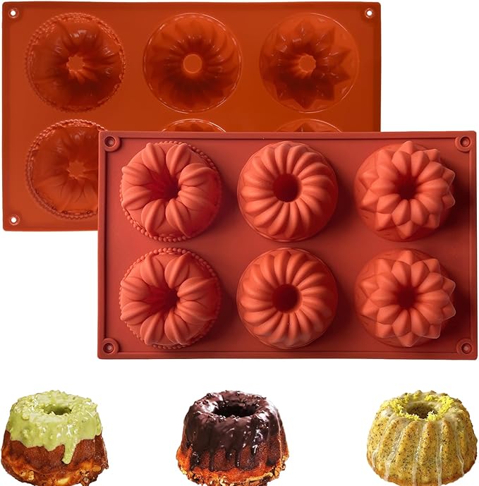 2PCS Mini Bundt Cake Silicone Pans, 6-Cavity Fluted Tube Cake Mold, Nonstick Baking Mold for Cupcake, Donut, Jelly, Brownie