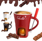 Chocolate Fondue Mug, Fondue Cups Tealight, Chocolate Melting Mug With Candle, Mini Ceramic Chocolates Melting Cup With Forks, Date Night Birthday Wedding Gifts (Red)