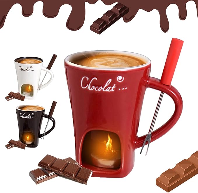 Chocolate Fondue Mug, Fondue Cups Tealight, Chocolate Melting Mug With Candle, Mini Ceramic Chocolates Melting Cup With Forks, Date Night Birthday Wedding Gifts (Red)