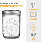 Wide Mouth Glass Mason Jars 16 oz, 6 Pack Glass Canning Jars with Metal Airtight Lids and Bands and Measurement Marks, for Canning, Preserving, Overnight Oats, Jam, Jelly, Food Storage, DIY etc