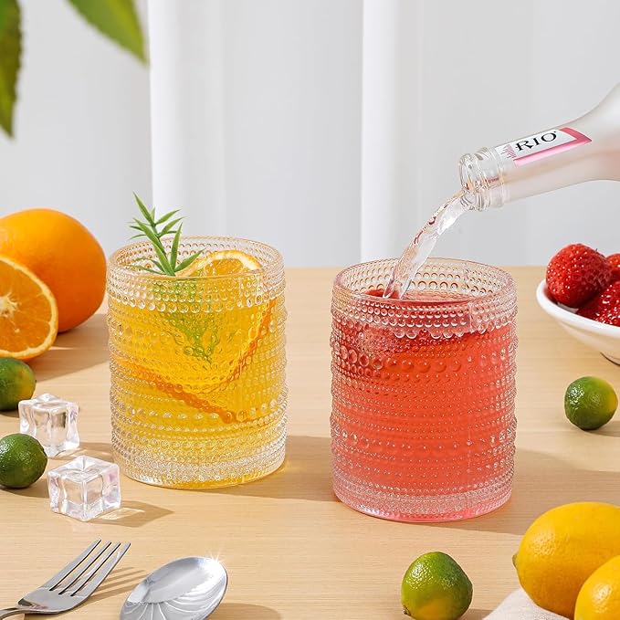 Hobnail Drinking Glasses Set of 6,12 oz Vintage Glassware Set Cocktail Glass Set, Embossed Clear Water Tumbler,for Beer, Whiskey,Juice and Various Mixed Drinks (12oz Clear)