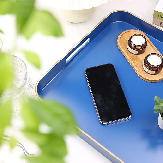 Royal Blue Square Decorative Tray with Handles, 13"*13" Versatile Serving Tray for Coffee Table, Ottoman, Ideal for Serving, Displaying, Organizing