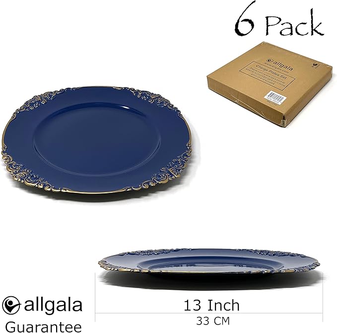 allgala Heavy Quality Round Charger Plates - Dinner Plates - Set of Charger Plates for Table Decor - Ideal for Weddings, Thanksgiving Parties & Holidays - Floral Royal Blue (13-Inch 6-Pack)