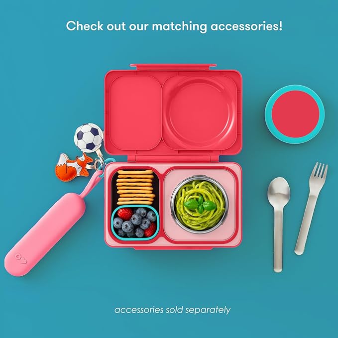 Omie OmieBox UP bento Box for Kids | Insulated Lunch Box | Leak Proof Vacuum Insulated Thermal Food jar | Cooler ice Pack | 2 Compartments (Cherry Pink)