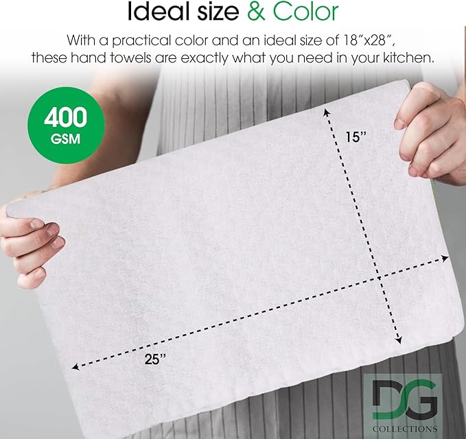 DG Collections Terry Dish Towels, 100% Cotton Kitchen Towels, Set of 6 (18x28 inch) Hand Towels - 400 GSM, Absorbent Terry Cloth Dish Towels for Kitchen, Soft Tea Towels - White Color