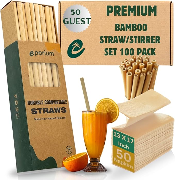 Eco-Friendly Bamboo Cocktail Stirrers & Napkins Set – 50 Pack 8” Organic Bamboo Straws + 50 Luxury Disposable Napkins – Biodegradable Party Essentials for Cocktails, Beach Events & Tiki Bars