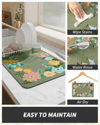 AMOAMI Coffee Mat Hide Stain Rubber Backed Absorbent Dish Drying Mat for Kitchen Counter - Fits Under Coffee Maker or Machine - Floral GREEN 17x31.5