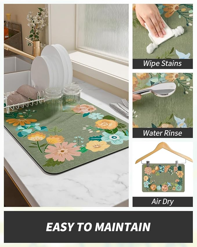 AMOAMI Coffee Mat Hide Stain Rubber Backed Absorbent Dish Drying Mat for Kitchen Counter - Fits Under Coffee Maker or Machine - Floral GREEN 17x31.5
