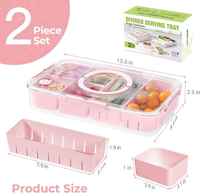 LUXEAR Divided Serving Tray with Lid and Handle Snack Box Charcuterie Container Dishwasher Safe 8 Compartment Snack Platters Portable Organizer for Candy, Snacks, Picnic, Party&Travel(2p pink)