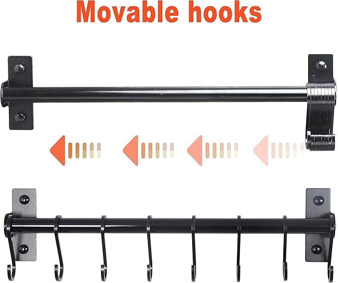 Dseap Kitchen Utensil Holder Hanger, Pot and Pan Rack Wall Mounted, Kitchen Rail with 8 Hooks for Hanging Cooking Utensils, Mugs, Spoons, Wall Mounted, Black