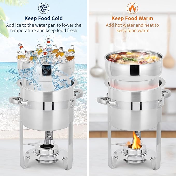 Commercial 11QT Soup Chafer Set, 4 Pack Stainless Steel Round Food Warmers Set with Pot, Notched Lids & Fuel Containers, Soup Warmers Ideal for Buffet Service & Event Catering