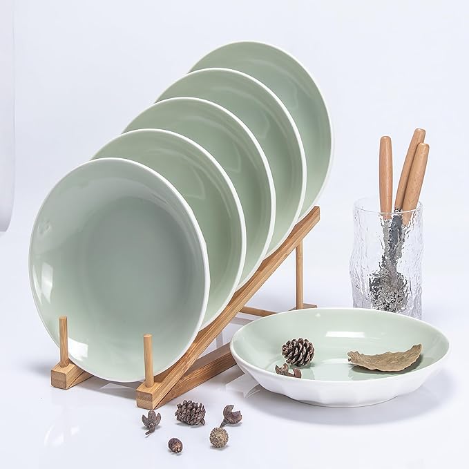 Set of 6 Dinner Plates 8 Inch, Green Porcelain Plates, Microwave Oven Dishwasher Safe Scratch Resistant