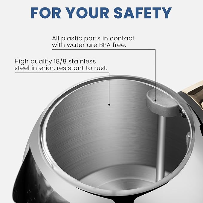 SUSTEAS Electric Kettle - 57oz Hot Tea Water Boiler with Thermometer, 1500W Fast Heating Stainless Steel Pot, Cordless LED Indicator, Auto Shut-Off & Boil Dry Protection, Glossy Silver