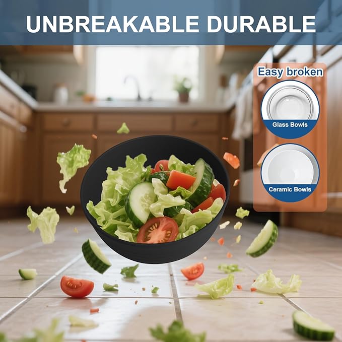 Cereal Bowls - Wheat Straw Bowl Set of 6, 26 OZ Unbreakable Bowls for Kitchen, Alternative to Plastic Bowls Reusable, Microwave Safe Bowl for Soup, Salad, Oatmeal, Snack (Black)