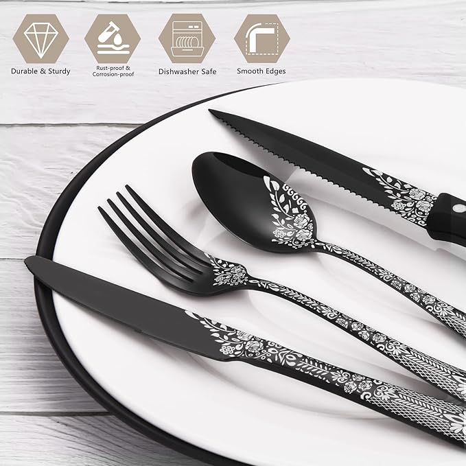 EUIRIO 48-Piece Silverware Set with Steak Knives, Black Flatware Set for 8, Stainless Steel Cutlery Set, Knives and Forks and Spoons Sets,Unique Pattern Design,Mirror Polish and Dishwasher Safe