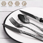 EUIRIO 48-Piece Silverware Set with Steak Knives, Black Flatware Set for 8, Stainless Steel Cutlery Set, Knives and Forks and Spoons Sets,Unique Pattern Design,Mirror Polish and Dishwasher Safe