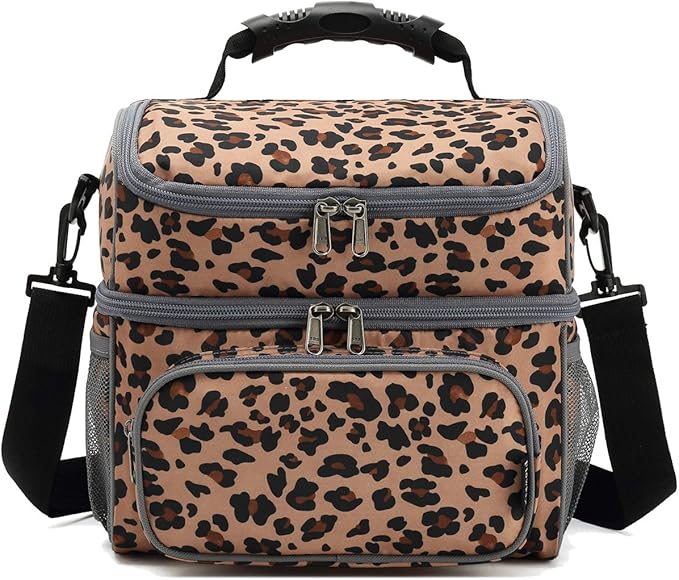 FlowFly Double Layer Cooler Insulated Lunch Bag Adult Lunch Box Large Tote Bag for Men, Women, With Adjustable Strap,Front Pocket and Dual Large Mesh Side Pockets