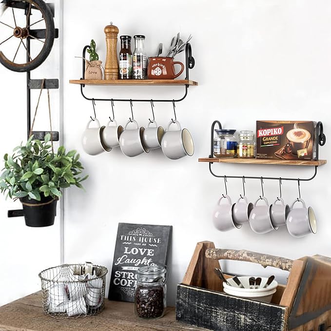 Olakee Floating Wall Shelves for Kitchen Bathroom Coffee Nook with 10 Adjustable Hooks for Mugs Cooking Utensils or Towel Rustic Storage Shelves Set of 2/17x5.9 inch (Carbonized Black)