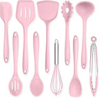 TeamFar Kitchen Cooking Utensils, 10 pcs Silicone Cooking Utensils Set, 446°F Heat Resistant Kitchen Gadgets Tools Set w/Spatula, Turners, Spoons, Soup Ladle, Pasta Server for Nonstick Cookware, Pink