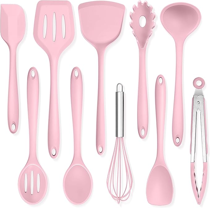 TeamFar Kitchen Cooking Utensils, 10 pcs Silicone Cooking Utensils Set, 446°F Heat Resistant Kitchen Gadgets Tools Set w/Spatula, Turners, Spoons, Soup Ladle, Pasta Server for Nonstick Cookware, Pink