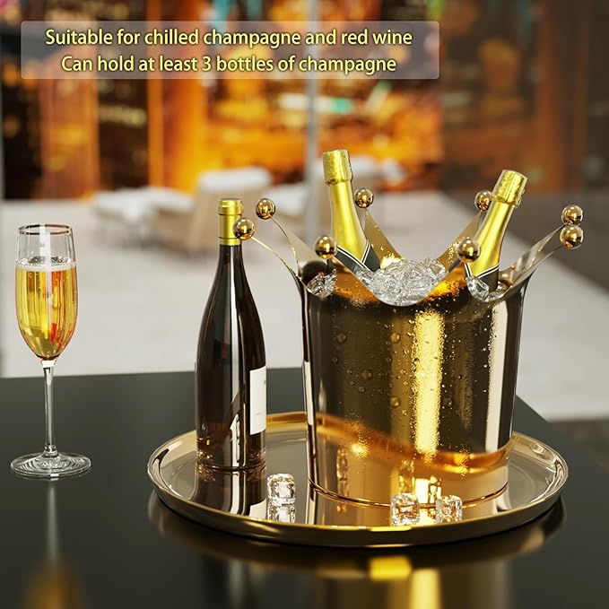 Royal Ice Bucket with Stand, Gold Ice Bucket,Stainless Steel Light-Luxury Standing Wine Bucket,Crown Design with 8 Steel Balls for Champagne, Wine,Family Gatherings,High-end Banquets,7L