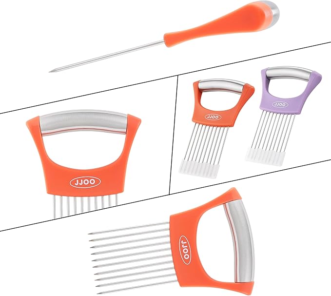 2PCS Onion Slicer Holder, JJOO Stainless Steel Onion Cutter for Slicing and Storage Onions, Tomato, Eggs and Vegetables, Protective Cover Included, Dishwasher Safe (Stylish orange+ Purple Color)