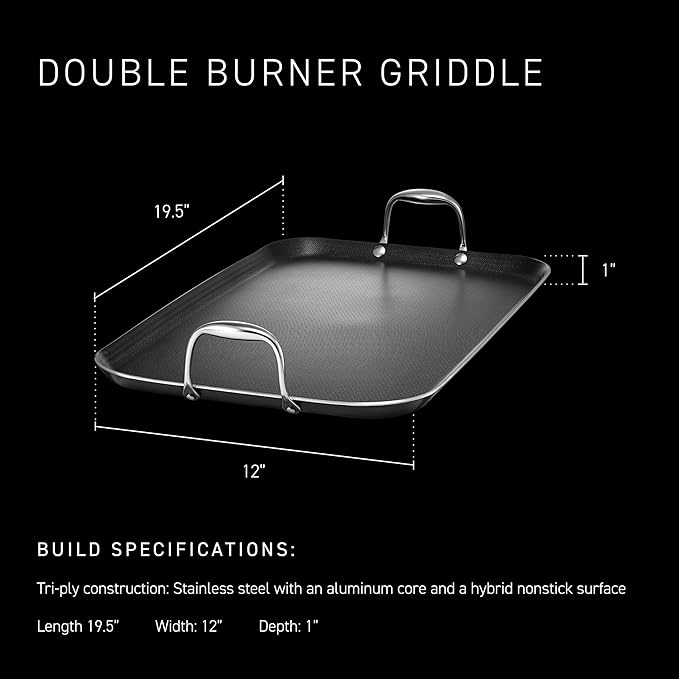 HexClad Hybrid Nonstick Double Burner Griddle, Stay-Cool Handles, Dishwasher-Friendly, Oven-Safe Up to 900°F, Induction Ready, Compatible with All Cooktops