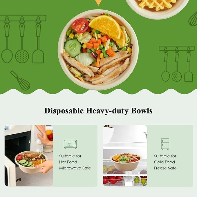 ECOLipak 12 oz Paper Bowls, [150-Pack] Compostable Paper Bowls Bulk, Heavy-duty Disposable Soup Bowls for Hot And Cold Food