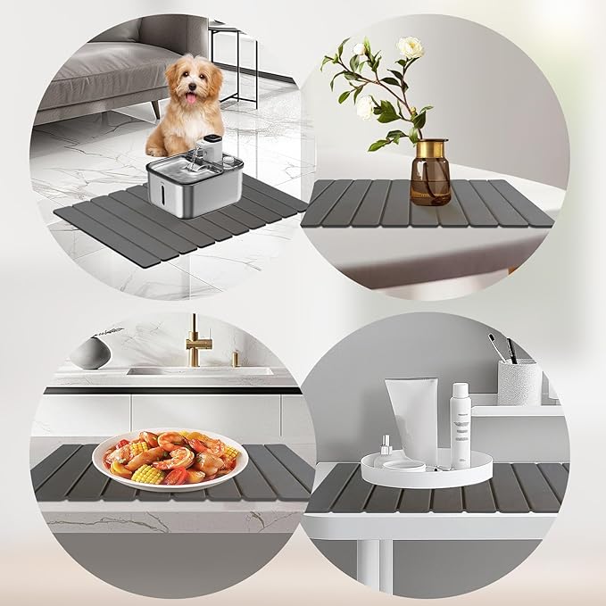 Hopegiver Stone Drying Mat for Kitchen Counter, 23.62"x15.35" Dark Gray Quick Drying Stone Mat, Super Absorbent Diatomaceous Earth Dish Drying Mat for Counter, Collapsible Design with Sanding Tools