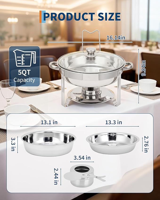 Garvee Chafing Dishes for Buffet Set of 4, 5 QT Round Buffet Servers and Food Warmer Set with Glass Lid, Holder & Drip Tray, Stainless Steel Chafers for Catering Parties Wedding Banquet, Silver