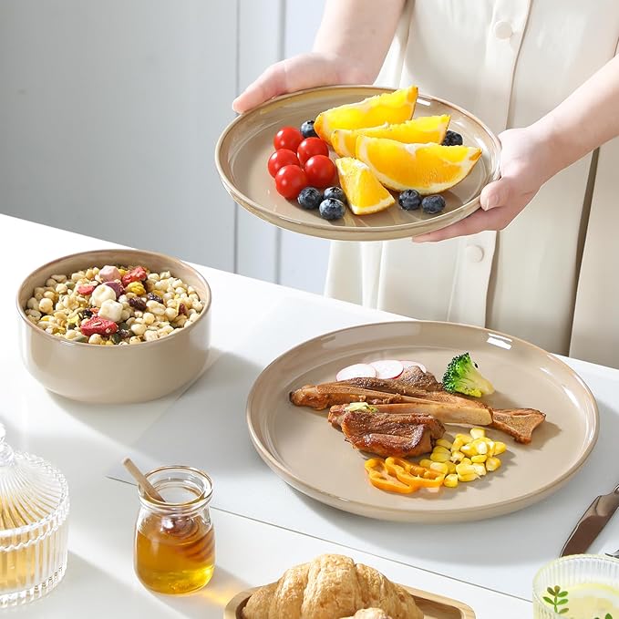 vancasso PLAYA Ceramic Plates and Bowls Sets, 18 Pieces Brown Dinnerware Sets for Kitchen, Reactive Glaze Dishes Set for 6, Dishwasher and Microwave Safe