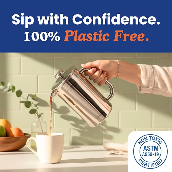 Ziruma Non-Toxic French Press, Surgical Stainless Steel Coffee Press, Plastic-Free, Heavy Metal-Free, No Endocrine Disruptors, 34 Oz, Double Wall, 4-Layer Filter, Portable Coffee Maker