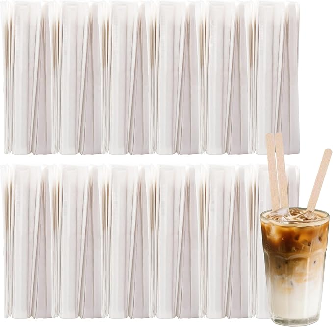 2200 Pcs Individually Wrapped Wooden Coffee Stirrers 5.5 Inch Disposable Cocktail Stir Sticks Wood Round End Stirrers for Hot Drinks Home Office Restaurant Bar