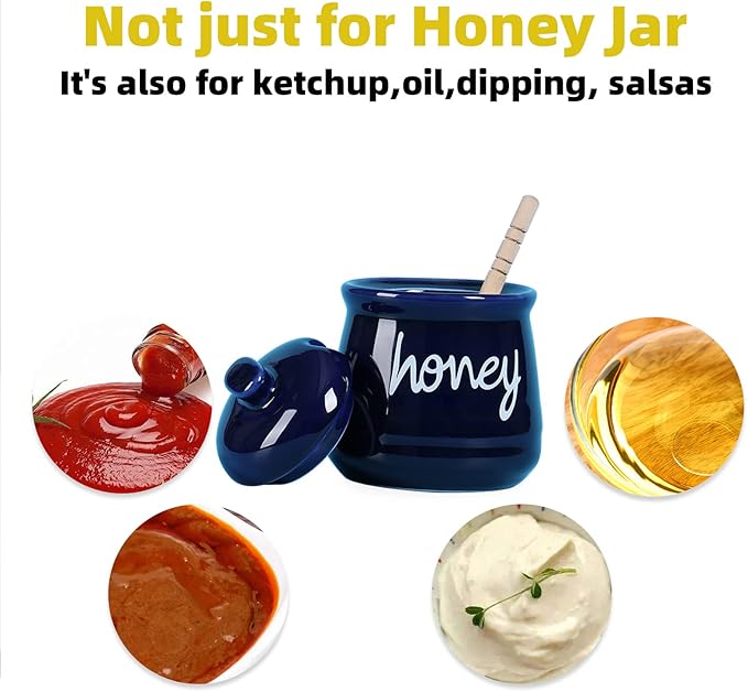 ONTUBE Honey Jar with Dipper and Lid, Ceramic Honey Pot 12oz (Navy)