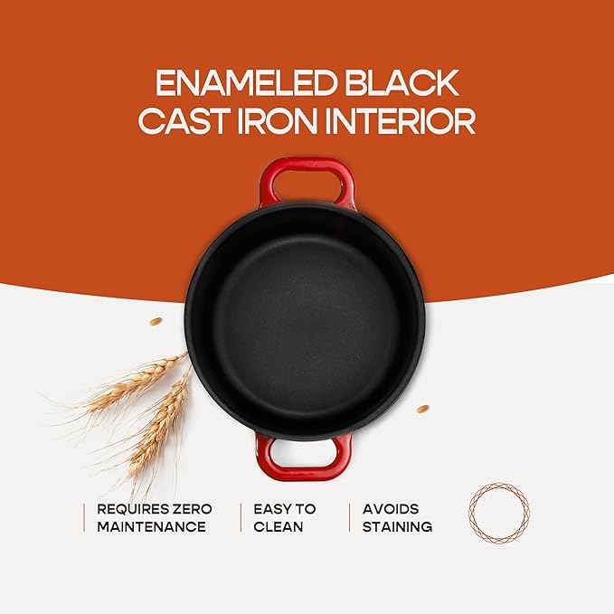 Enameled Cast Iron Dutch Oven for Sourdough Bread Baking | 6 Quart Pot with Lid | 10 Inch Ceramic Enamel Thick Coated Cookware Set with Non Stick Silicone Baking Mat for Cooking | 6 Qt | Red