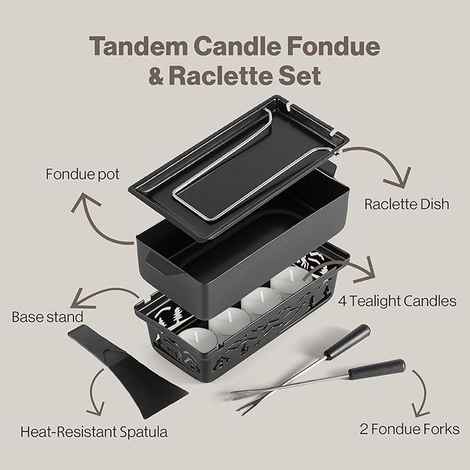 Swissmar Tandem Candle Fondue & Raclette Set - Portable 2-in-1 Tabletop Fondue Pot with Raclette Dish, Forks, Spatula & Tealight Candles