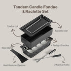 Swissmar Tandem Candle Fondue & Raclette Set - Portable 2-in-1 Tabletop Fondue Pot with Raclette Dish, Forks, Spatula & Tealight Candles