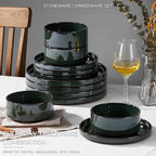 Stoneware Dinnerware Sets for 4, Onader Reactive Glaze Plates and Bowls Sets, Ceramic Dish Dinner Set with Rustic Terracotta Bottom, 12 Piece Elegant Dishware - Emerald Green