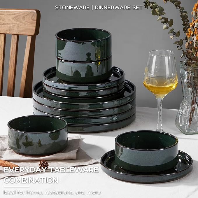 Stoneware Dinnerware Sets for 4, Onader Reactive Glaze Plates and Bowls Sets, Ceramic Dish Dinner Set with Rustic Terracotta Bottom, 12 Piece Elegant Dishware - Emerald Green