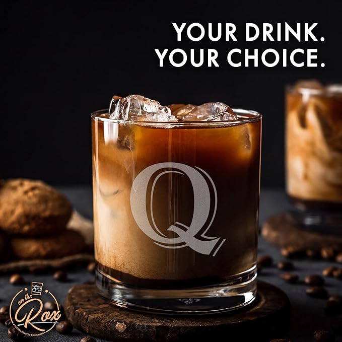 Monogrammed Gifts for Men - 4PC 11 Oz Custom Whiskey Glasses (Q-Monogram) - Engraved Whiskey Glasses - Personalized Whiskey Glasses - Unique Bourbon Glasses - Personalized Glass Gifts for Dad