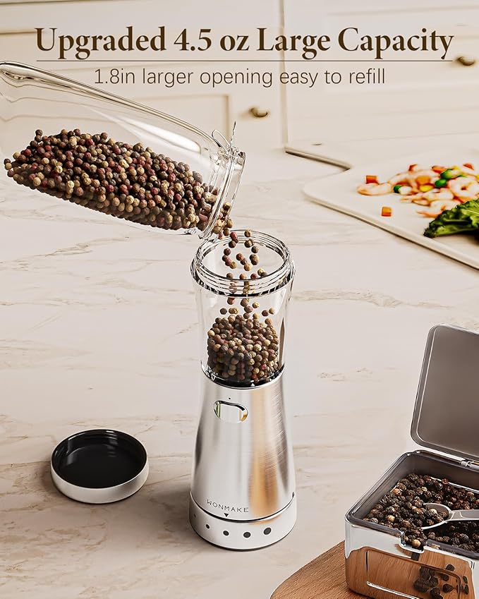 Electric Salt and Pepper Grinder Set Rechargeable, Electric Pepper Grinder with Adjustable Coarseness, 4.5oz Large Capacity, 1.8" Wide-Mouth & Storage Base, One-Hand Operation Kitchen Gadgets