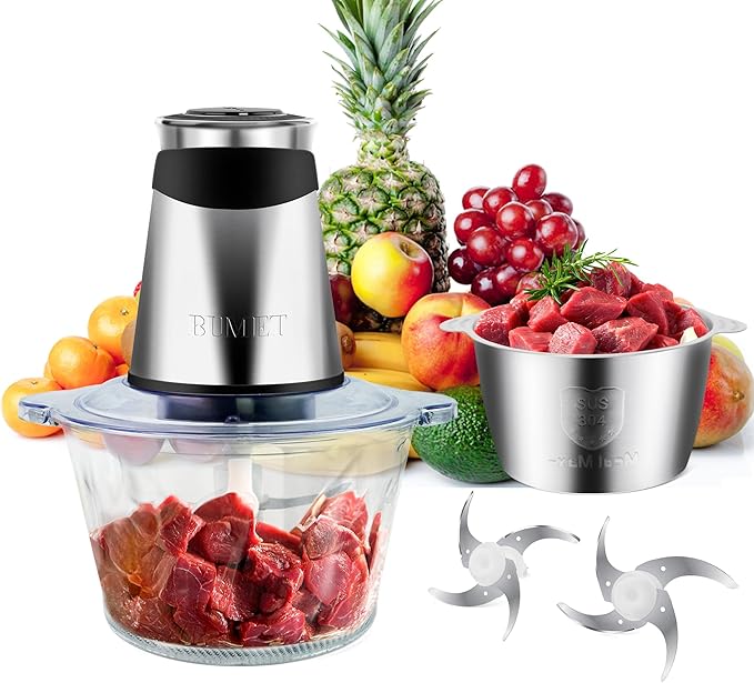 Electric food processor vegetable chopper 500W 2x8cup bowls 2 bi-layer 4 blades Small Food chopper Electric Meat grinder for home use,Mincing, and Puree for kitchen aid, baby foot, pet food