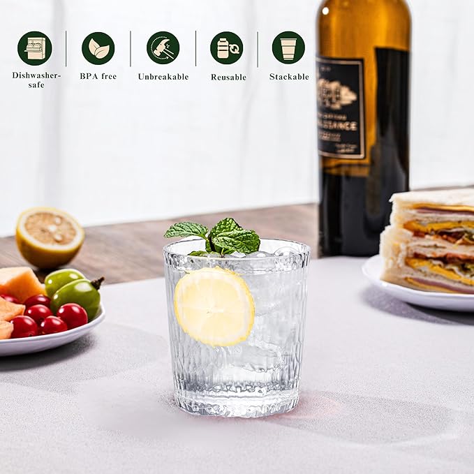 15oz Clear Acrylic Glasses Drinkware (Set of 8), Honeycomb Stackable Shatter-Proof Plastic Tumblers, Reusable Plastic Drinking Glasses, BPA-Free, Dishwasher-Safe