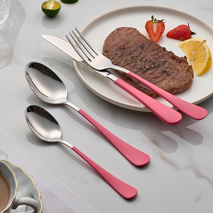 20-Piece Pink Silverware Set 18/0 Stainless Steel Flatware Pink Handle Cutlery Set Service for 4 Dinner Knives Forks Spoons Set Mirror Finish Dishwasher Saf