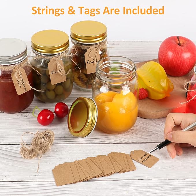 Mason Jars 16 oz 12Pack with 6 Extra Lids, Glass Pint Canning Jars 16 oz - 16oz mason jars with silver lids and extra 6 gold lids for Canning/Preserving/Meal Prep