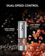 FORLIM Rechargeable Electric Salt and Pepper Grinder Set, Dual-Speed Control, Stainless Steel Automatic Salt & Pepper Mill with Dust Cover, 2 LED Lights, Adjustable Coarseness (2-Pack, Glossy Silver)